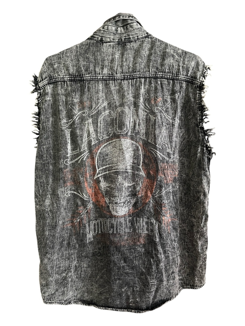 Vance Biker Wear Sleeveless Shirt Button Down Black Acid Wash Mens Size Large